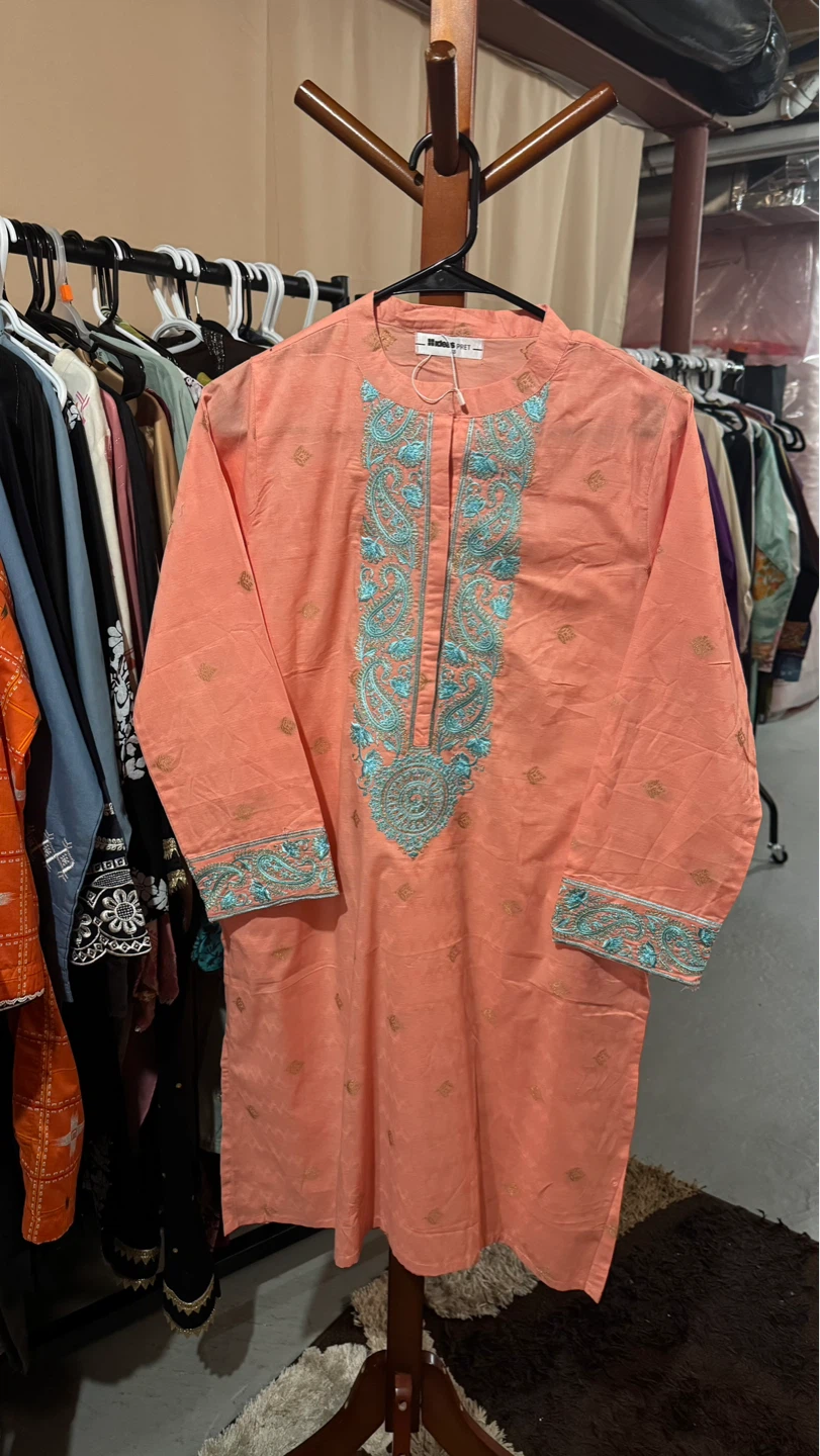 Ideas Pret Coral Kurti with Blue Embroidery - XS