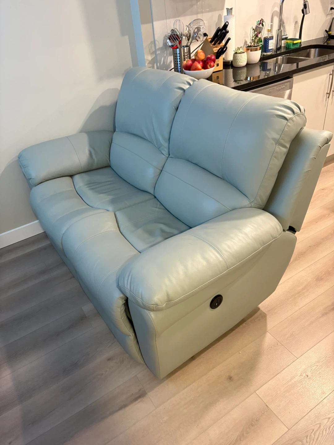 Light Green Leather Reclining Loveseat - photo 2
