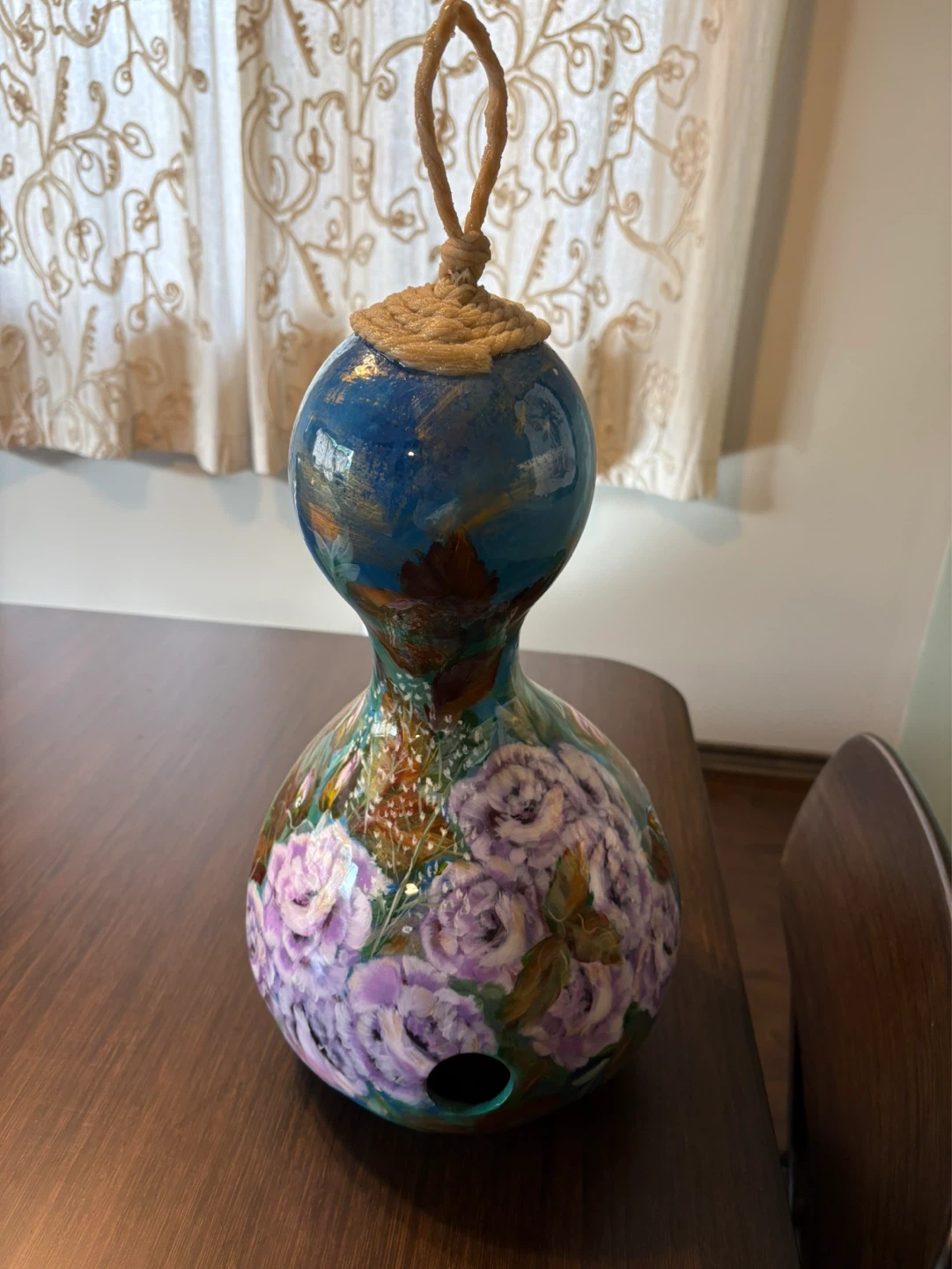 Hand-Painted Gourd Birdhouse with Floral Design