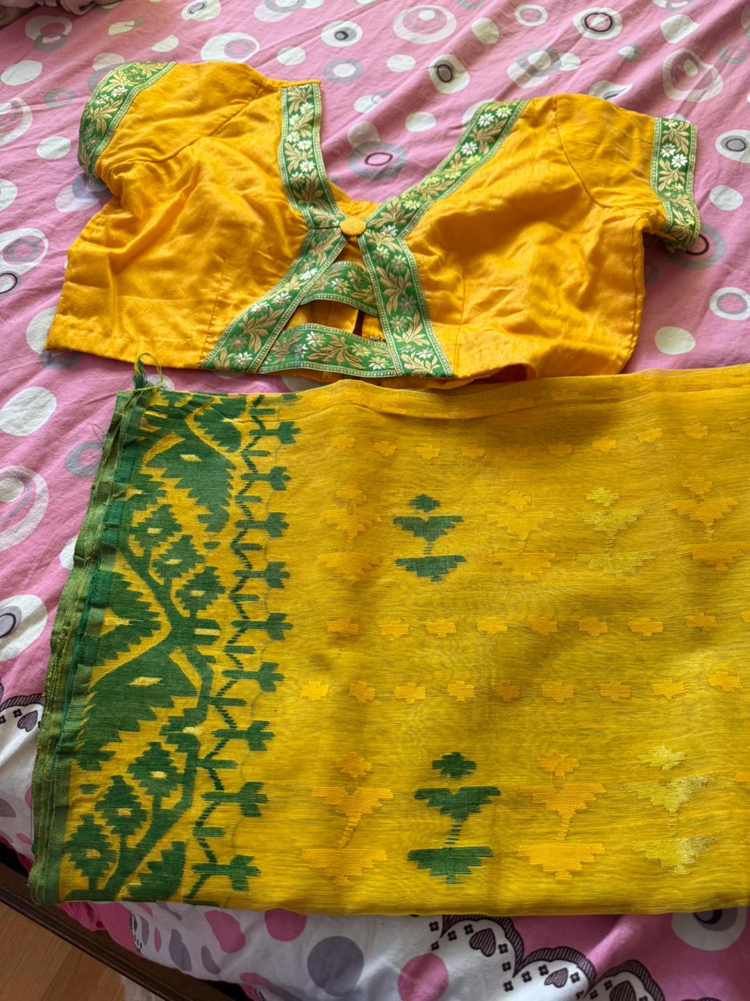 Yellow Saree Blouse with Green Border