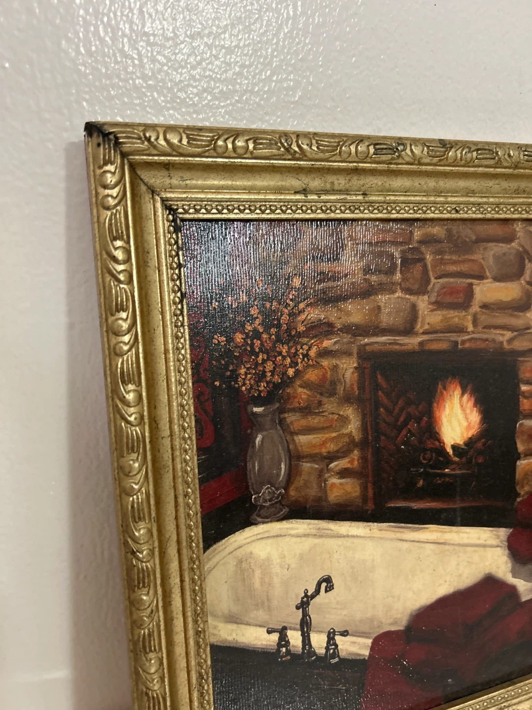 Framed Painting Print of a Bathtub by a Fireplace - photo 2