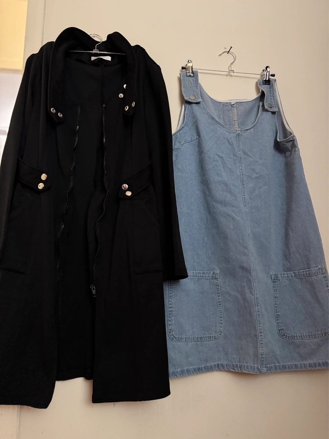 Black Jacket and Denim Pinafore Dress