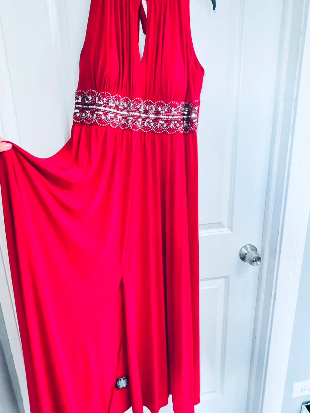 Red Halter Maxi Dress with Embellished Waist