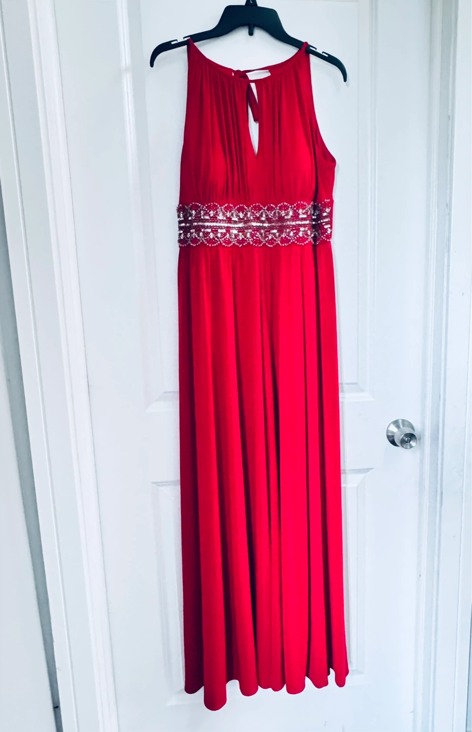 Red Halter Maxi Dress with Embellished Waist - photo 2