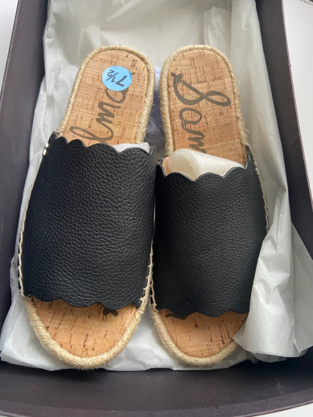 Sam Edelman Black Leather Scalloped Slides Espadrille Sandals