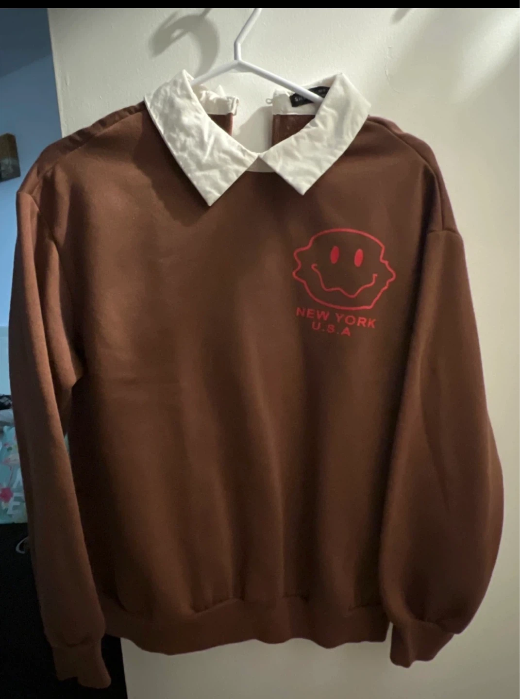 Brown Smiley Face Crewneck with White Collar