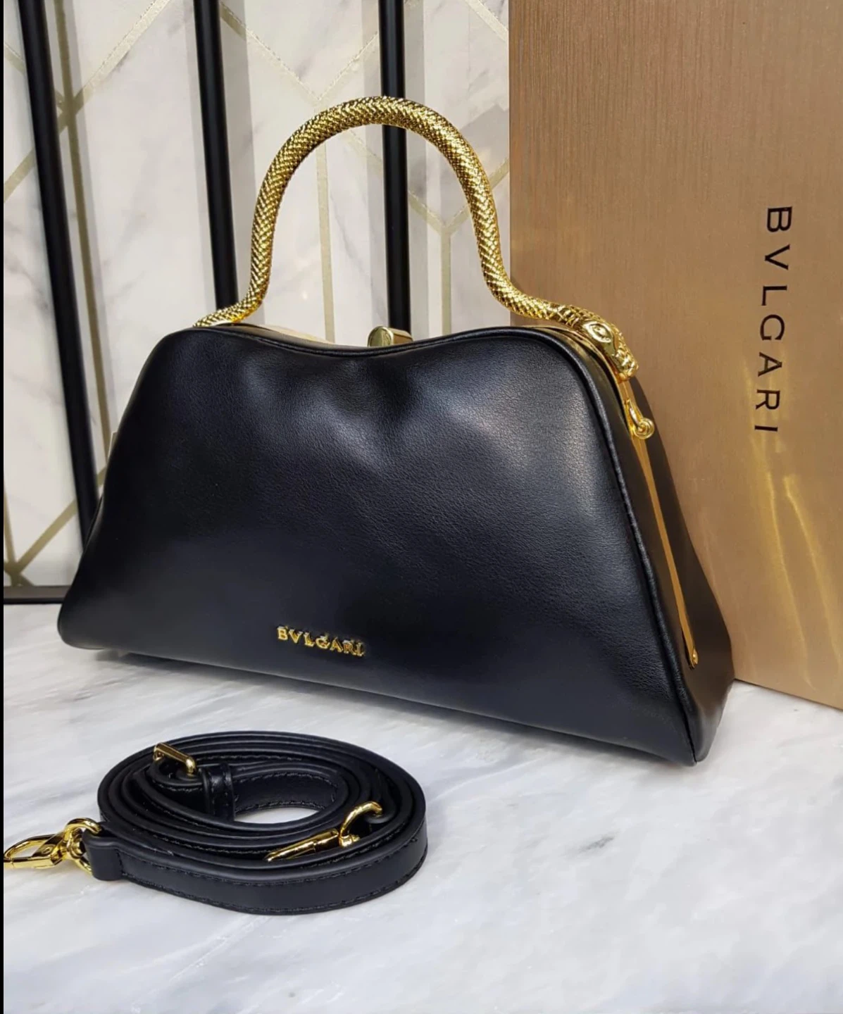 Bvlgari Black Leather Handbag with Gold Snake Handle - photo 2