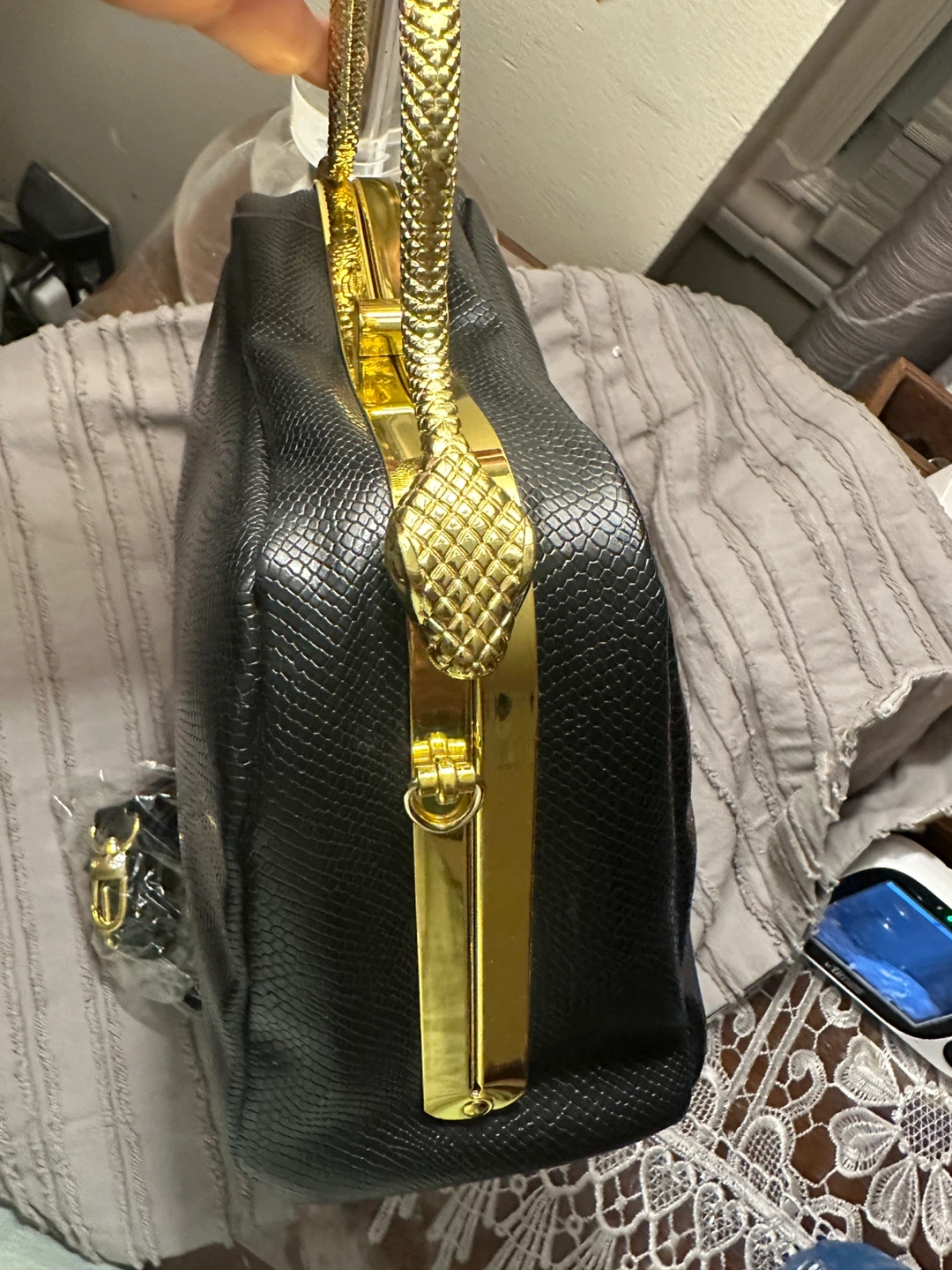 Bvlgari Black Leather Handbag with Gold Snake Handle - photo 4