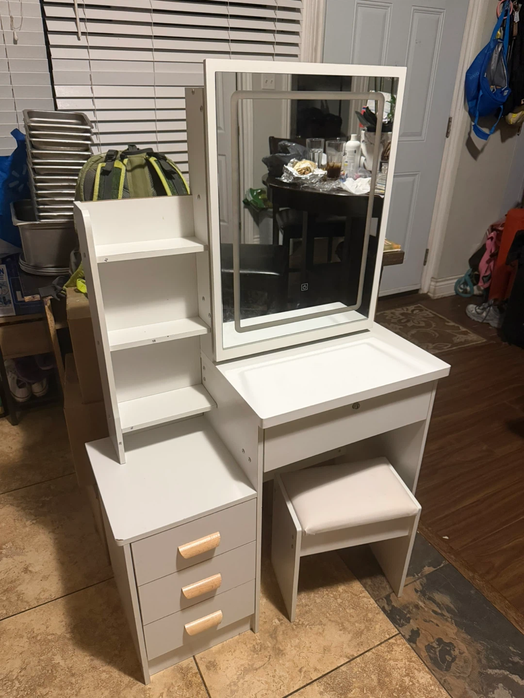 White Vanity Set with LED Mirror and Stool