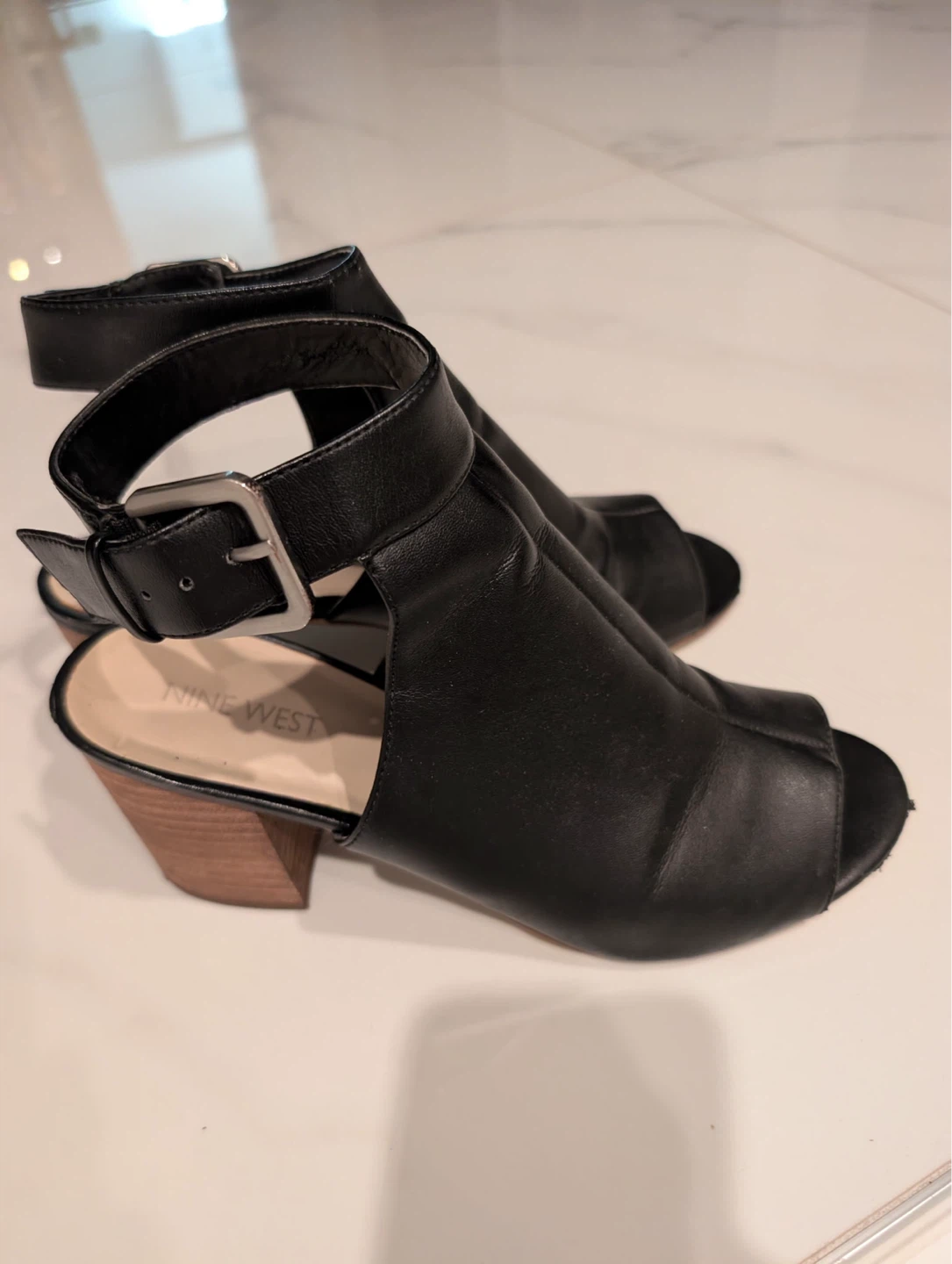 Nine West Black Leather Block Heel Sandals