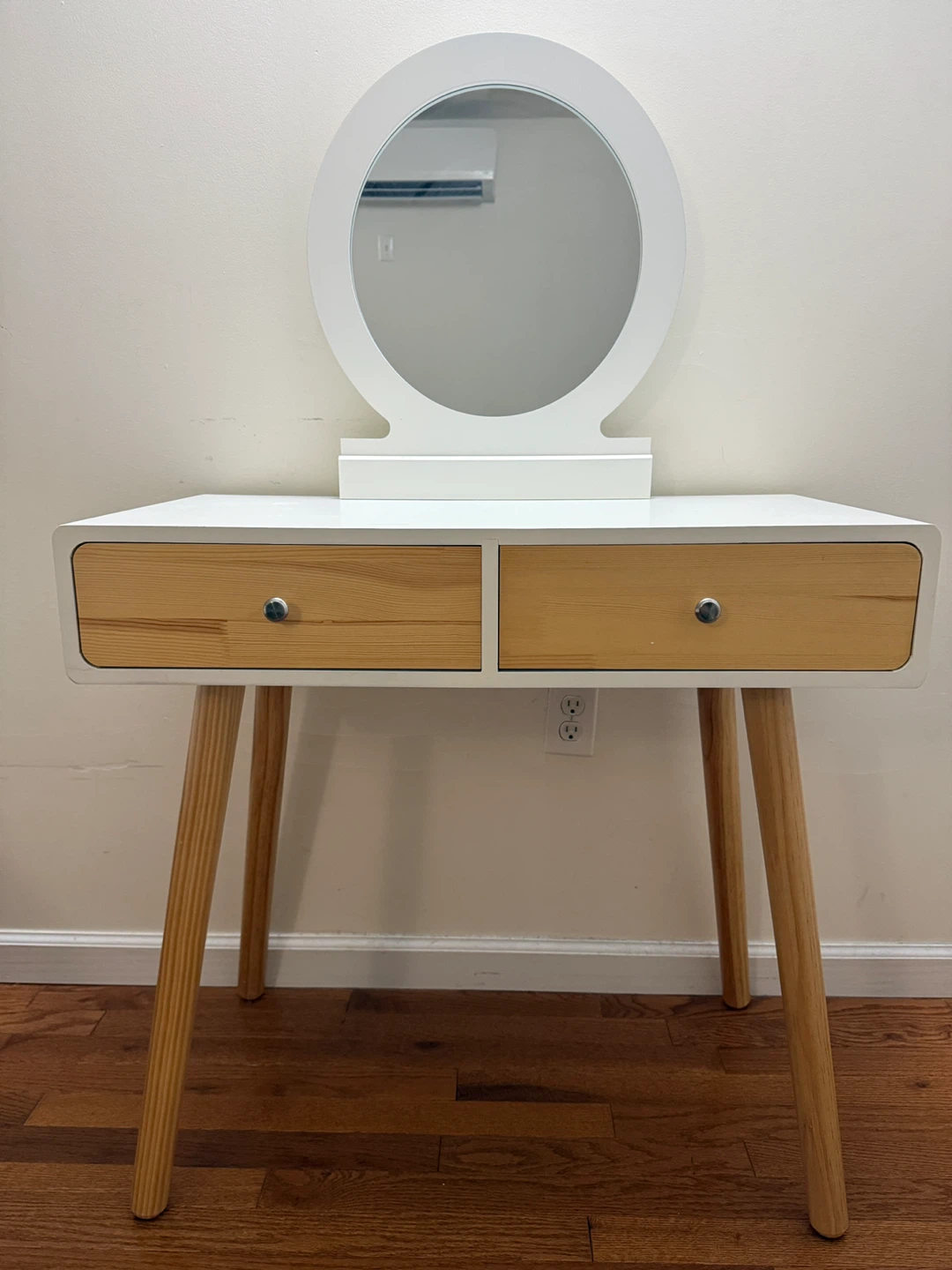 White Vanity Desk with Round Mirror
