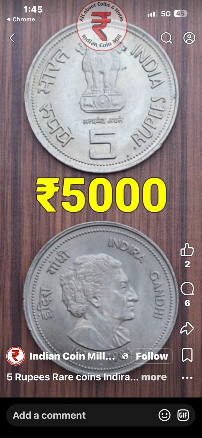 Rare India 🇮🇳 5 Rupees Coin Indira Gandhi 1917-1984 - photo 2