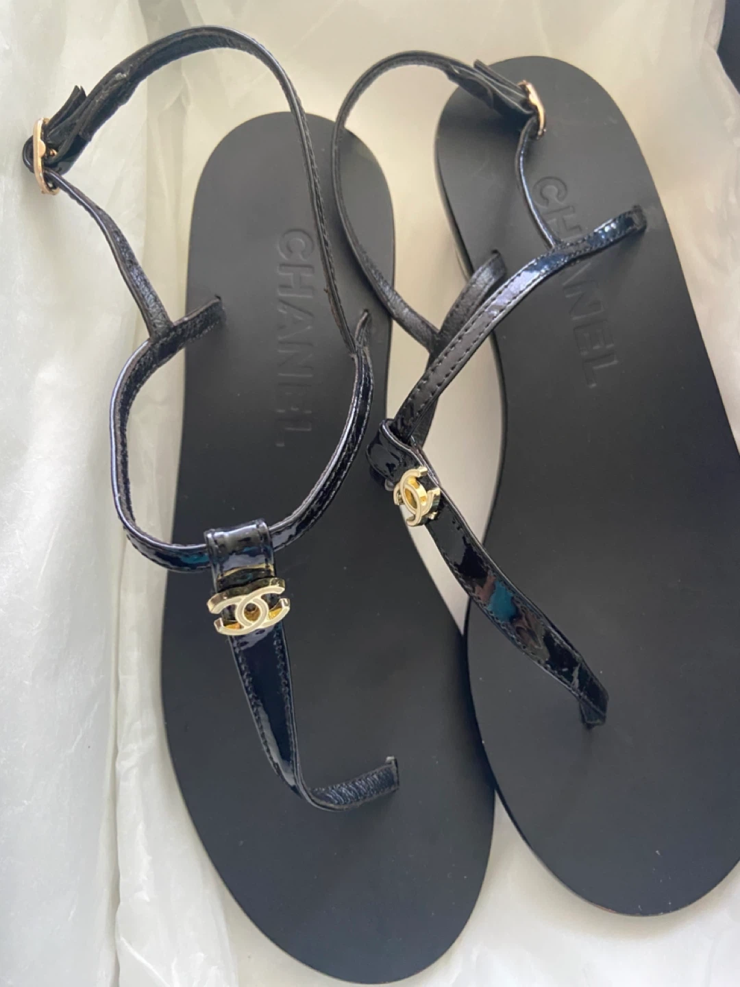 Chanel Black Patent Leather Sandals