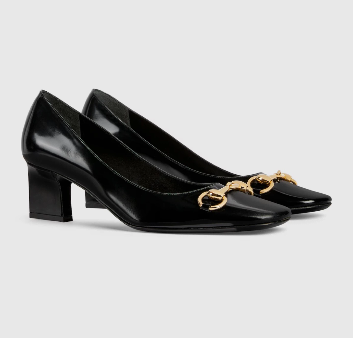 Black patent leather pumps with gold horsebit detail - photo 2