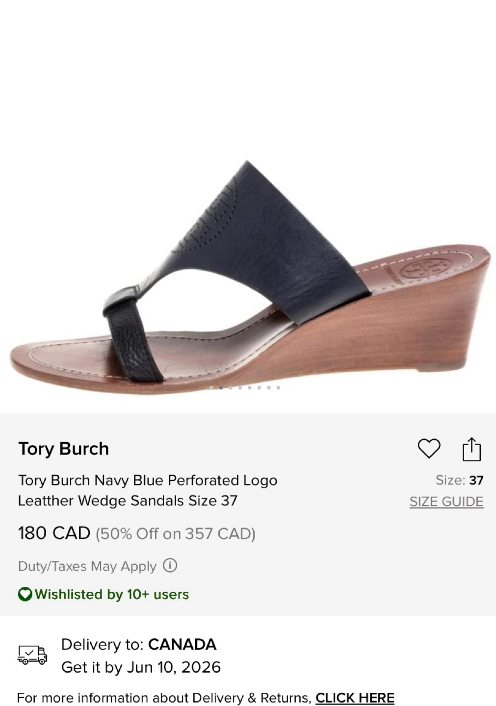 Tory Burch Navy Leather Wedge Sandals Size 37 - photo 3