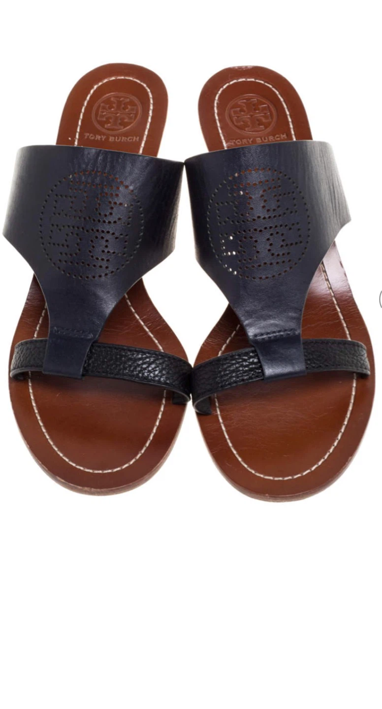 Tory Burch Navy Leather Wedge Sandals Size 37 - photo 4