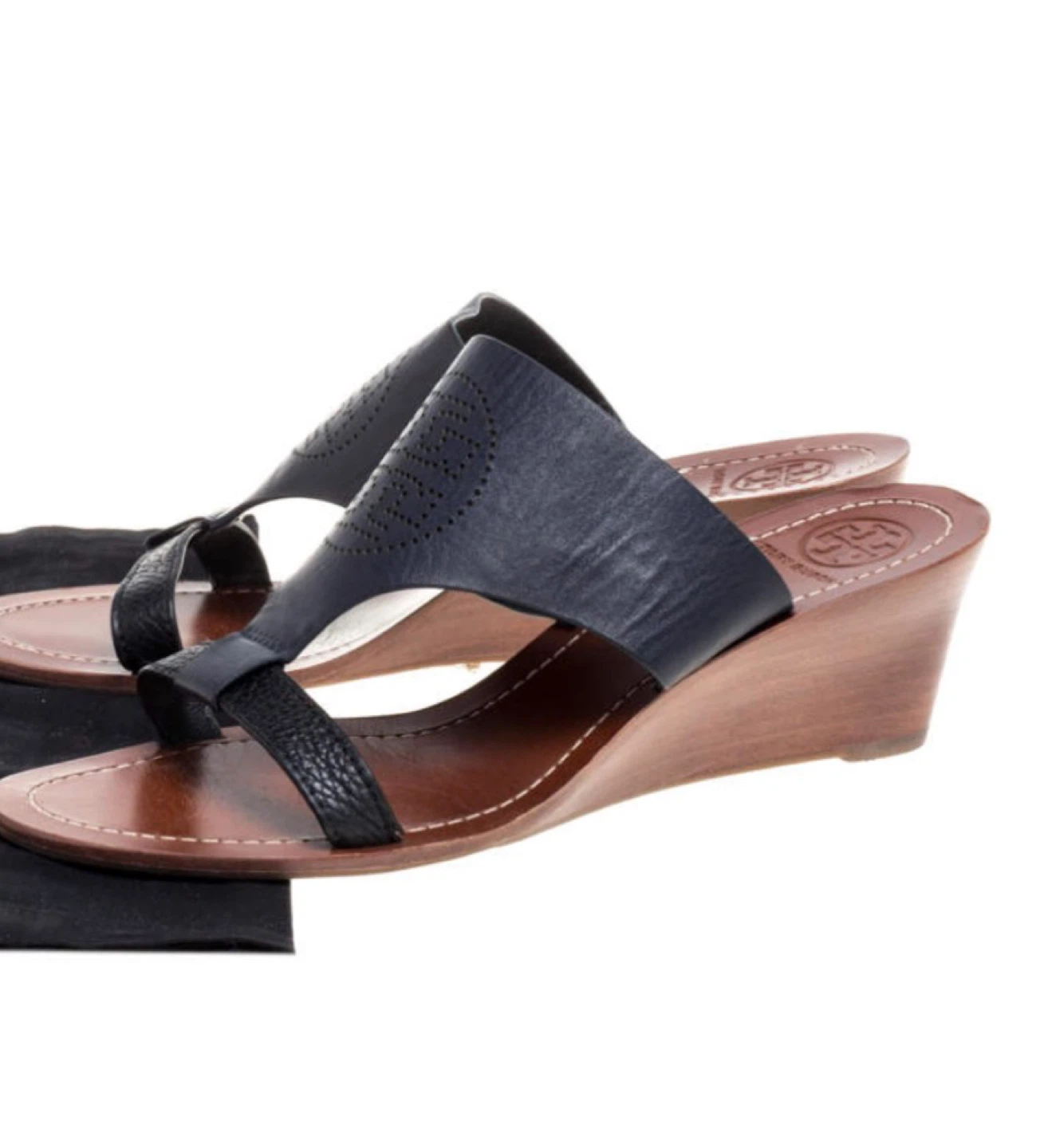 Tory Burch Navy Leather Wedge Sandals Size 37 - photo 2