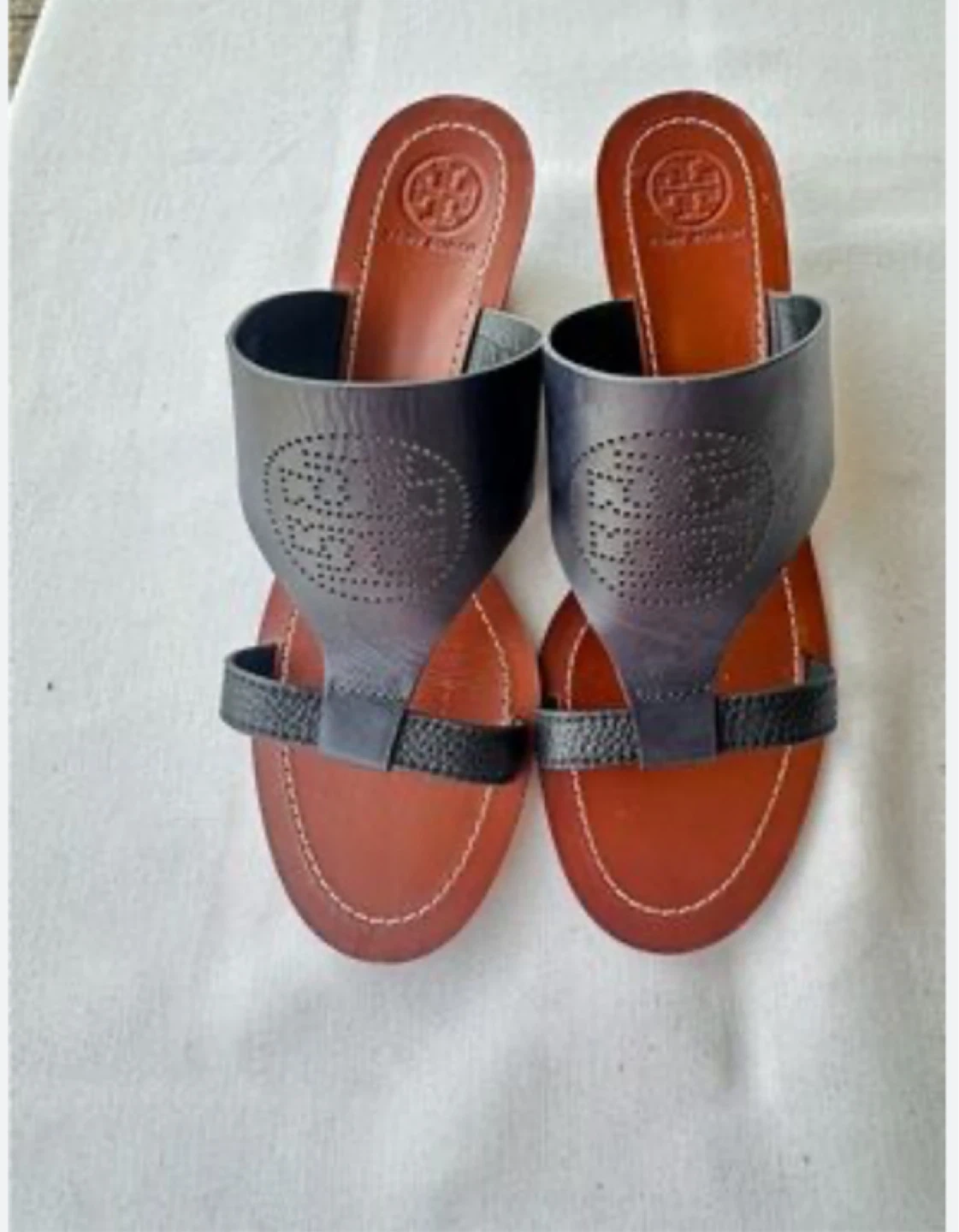 Tory Burch Navy Leather Wedge Sandals Size 37