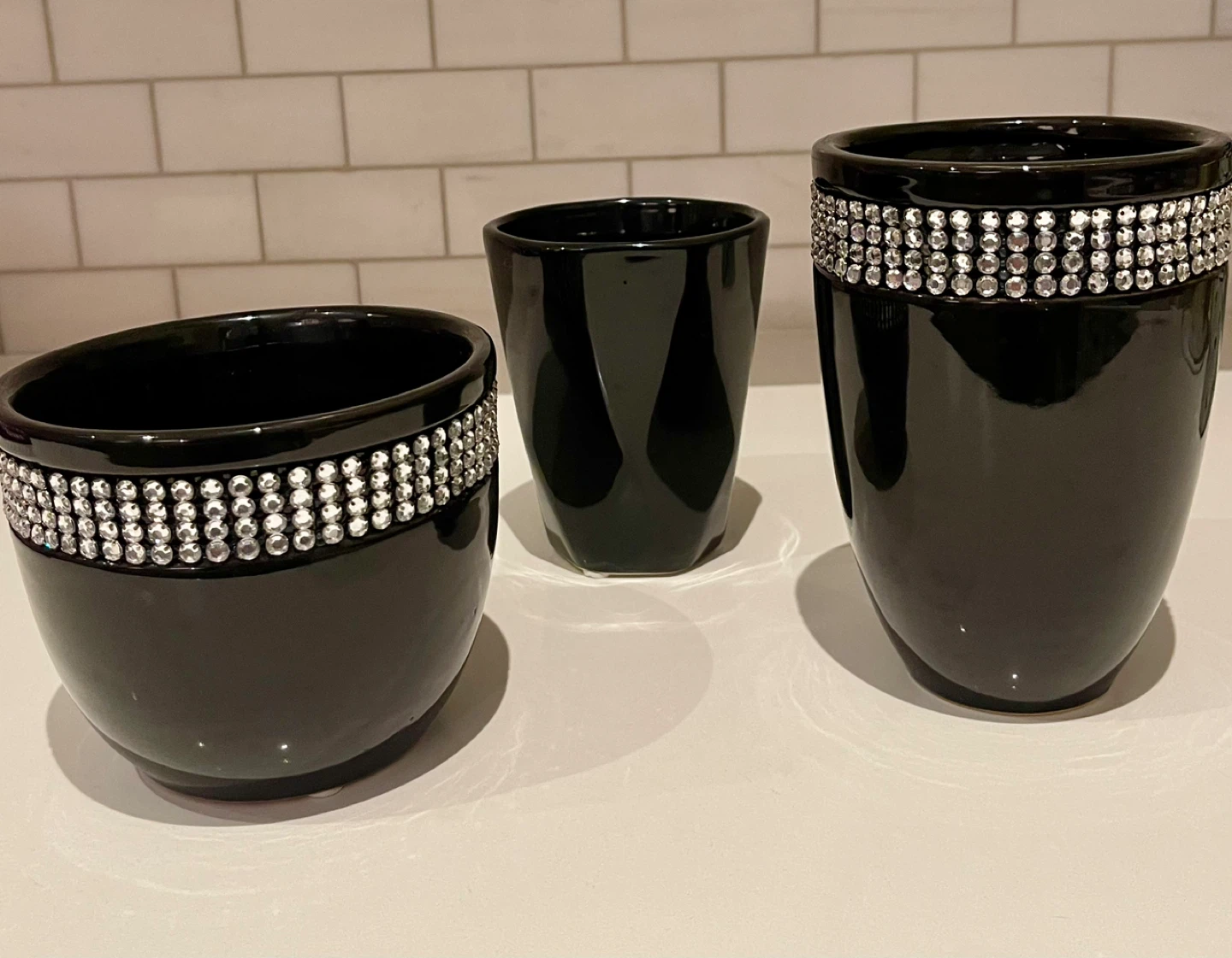Set of 3 Black Vases with Rhinestone Embellishments