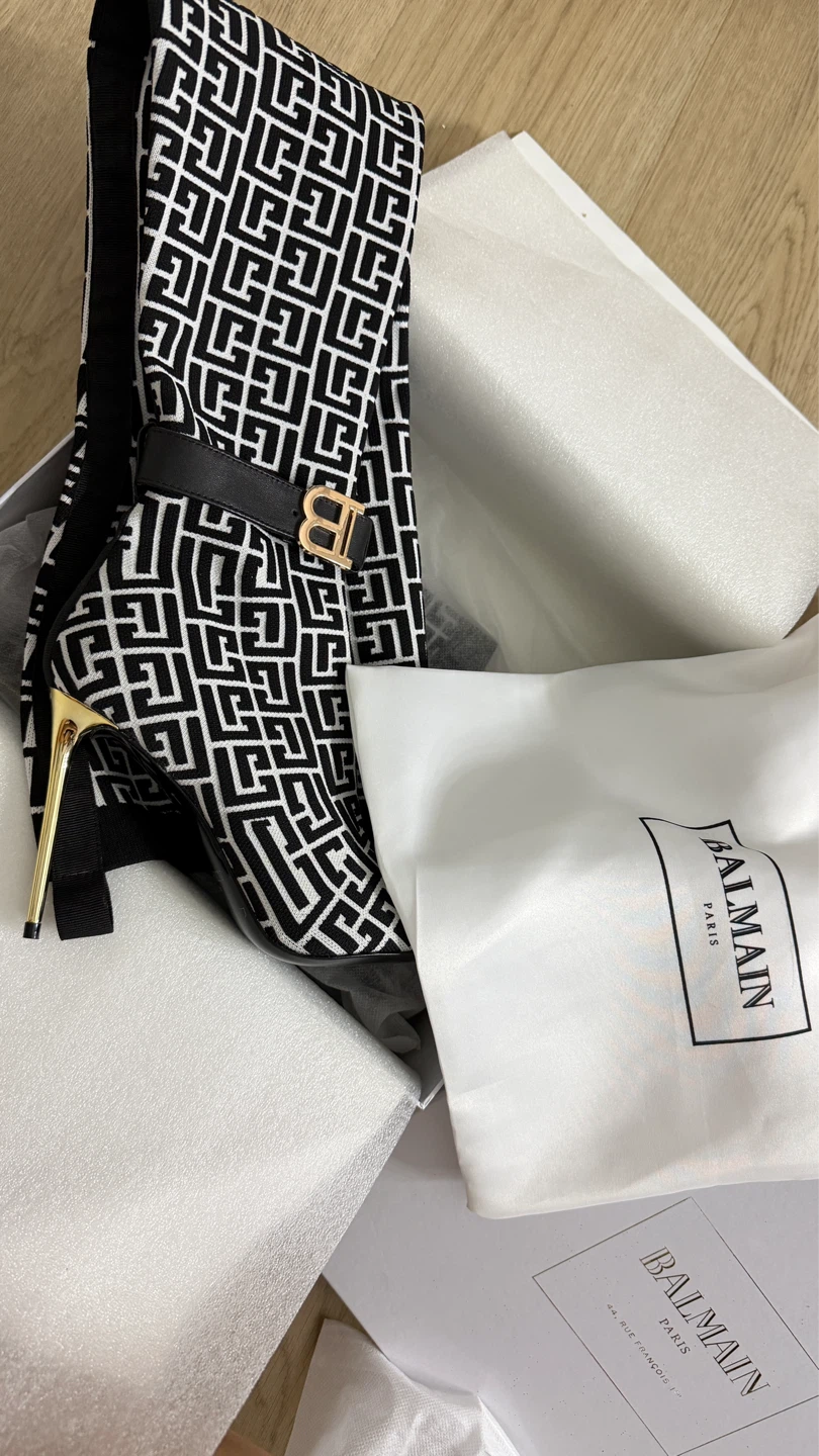 Balmain Black & White Monogram Thigh-High Boots