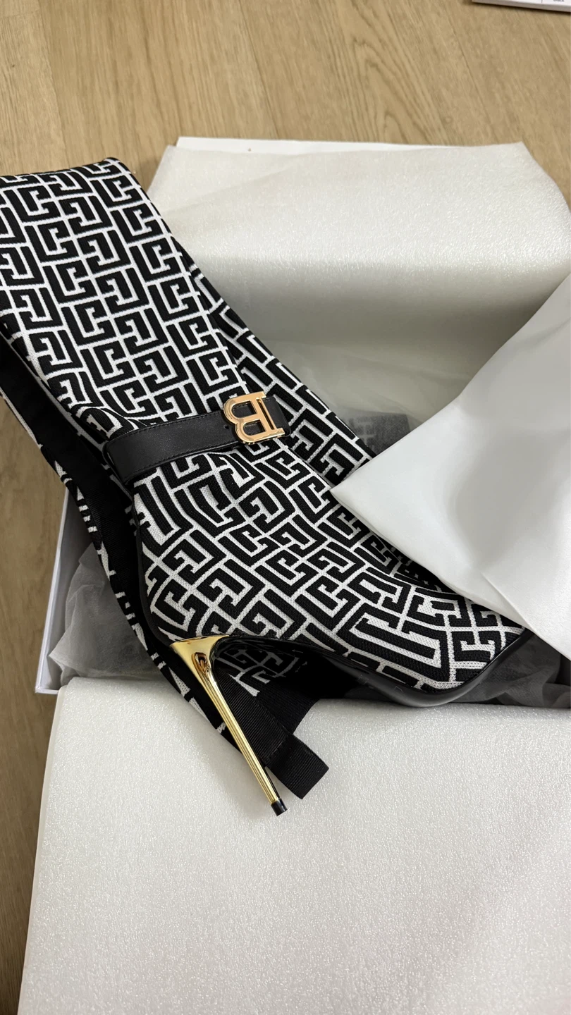 Balmain Black & White Monogram Thigh-High Boots - photo 3