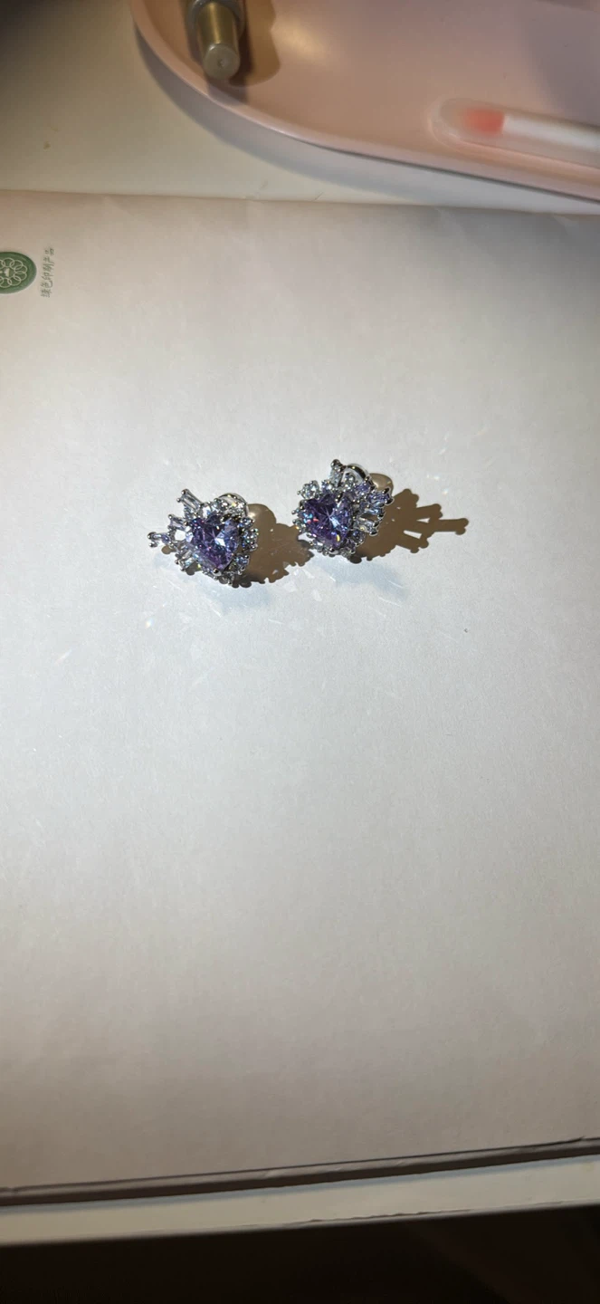 Sparkly Purple Heart Cubic Zirconia Clip/Stud Earrings