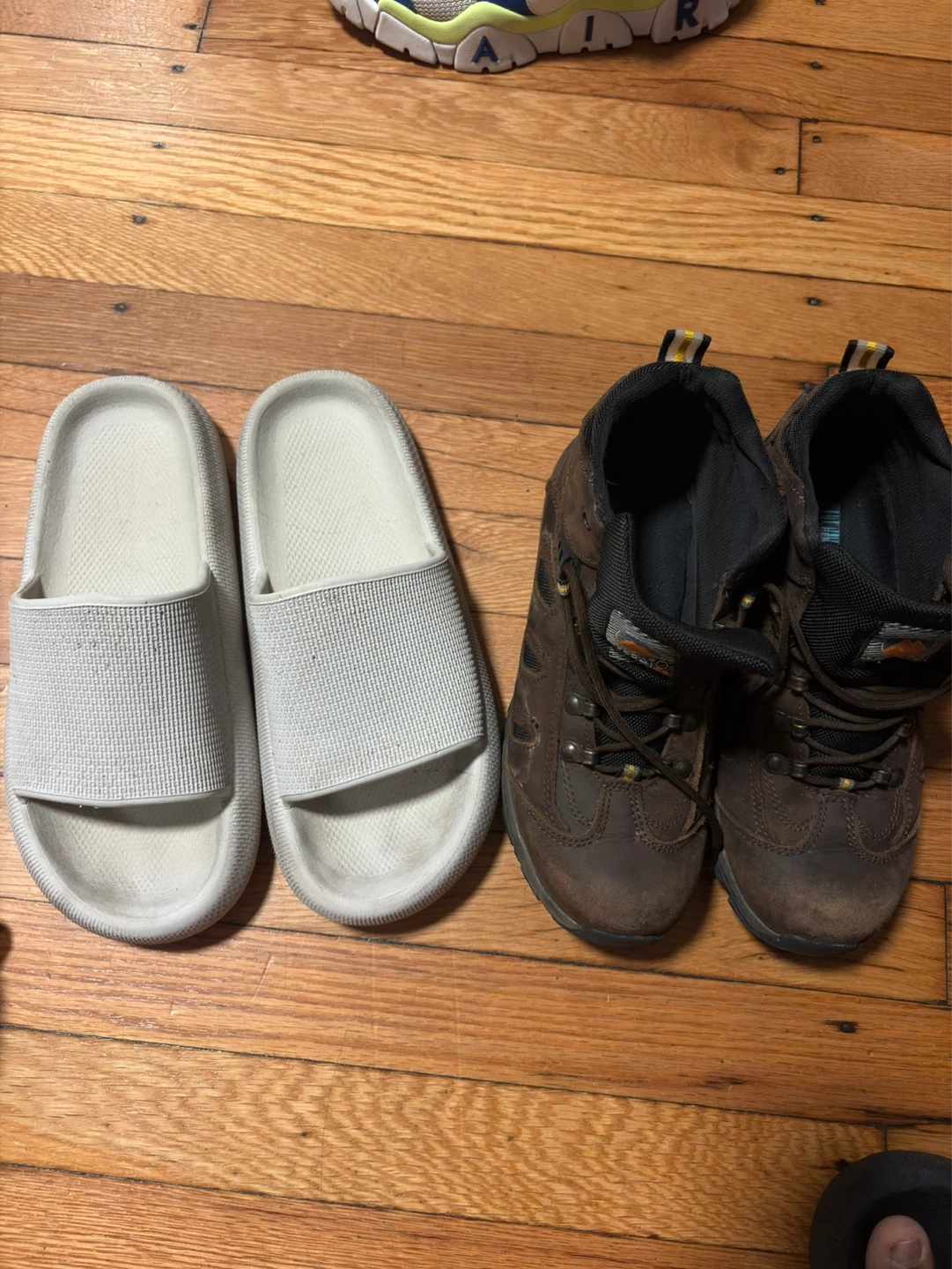 Brown  Boots and White Slides