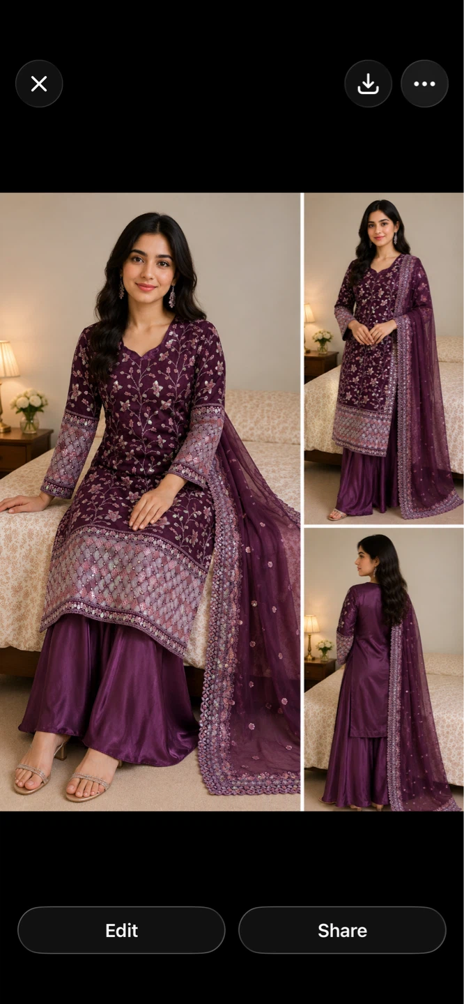 Purple Embroidered Kurti with Palazzo Pants and  net Dupatta