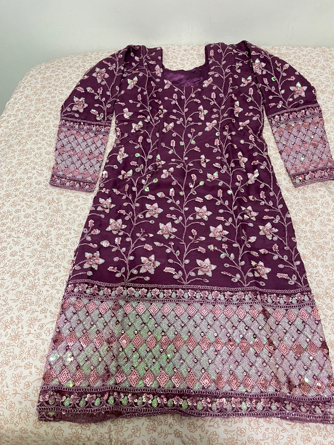 Purple Embroidered Kurti with Palazzo Pants and  net Dupatta - photo 2