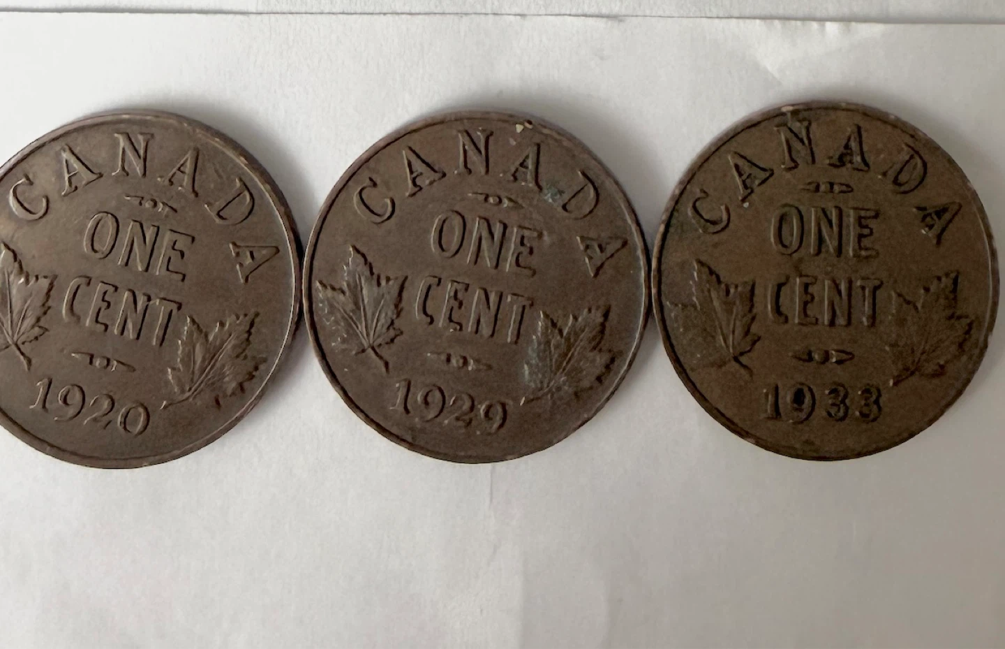 Canada One Cent Coins (1920, 1929, 1933)