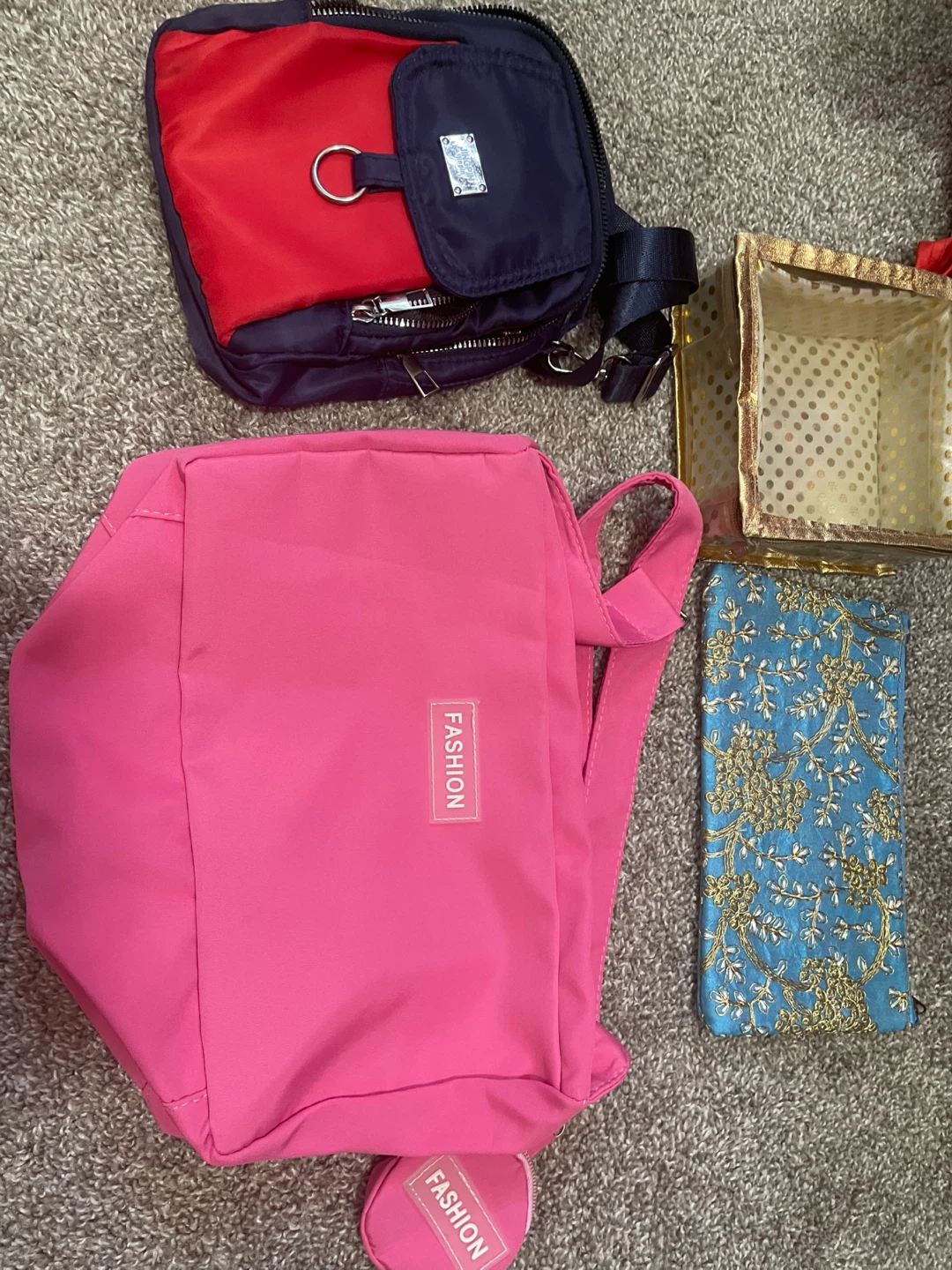 Pink Fashion Backpack and Blue Embellished Clutch