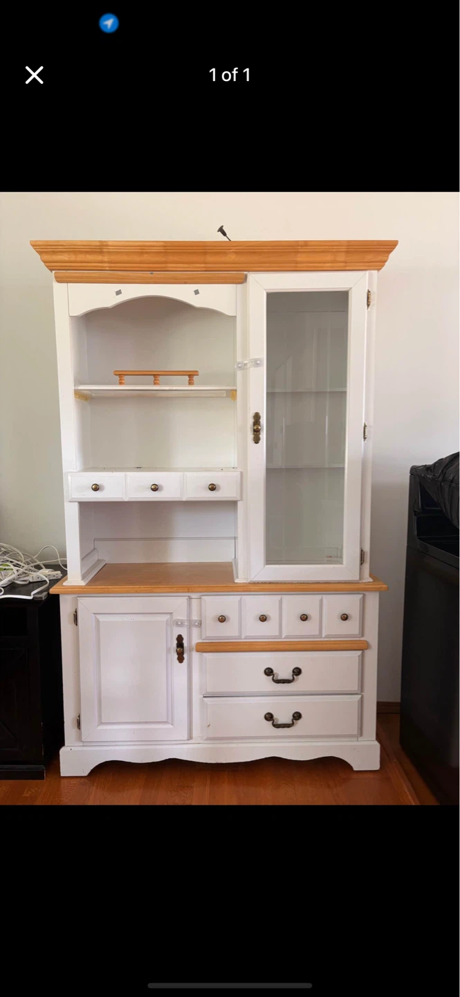 White Hutch with Glass Door and Wooden Top