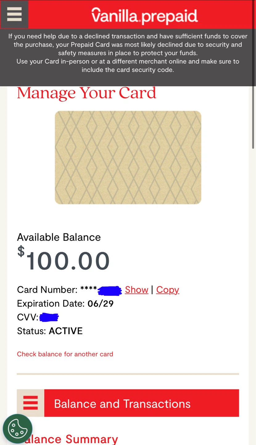 Vanilla Prepaid Card - $100