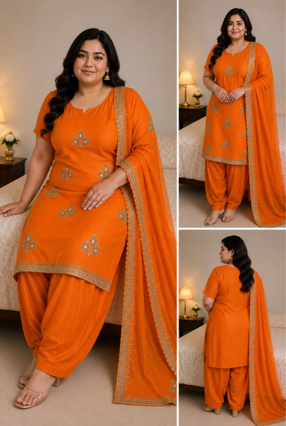 Orange Embellished Salwar Kameez Set with Dupatta