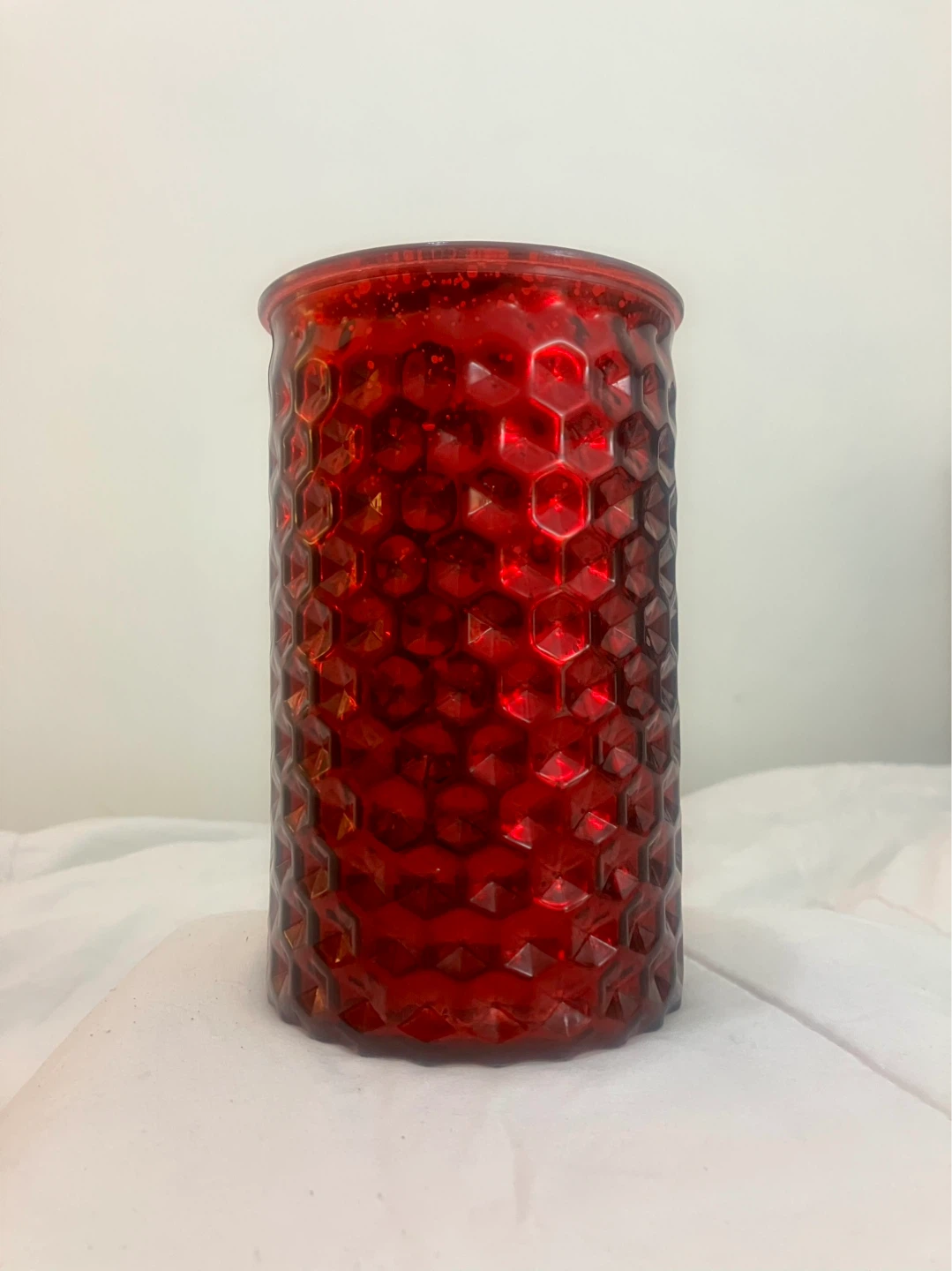 7” Red Embossed Glass Cylinder Vase/Candle Holder
