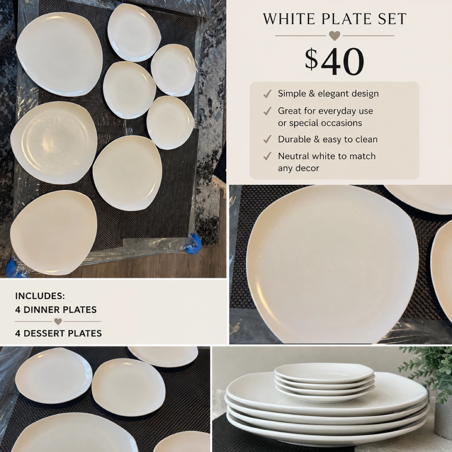 White Plate Set - 4 Dinner & 4 Dessert Plates