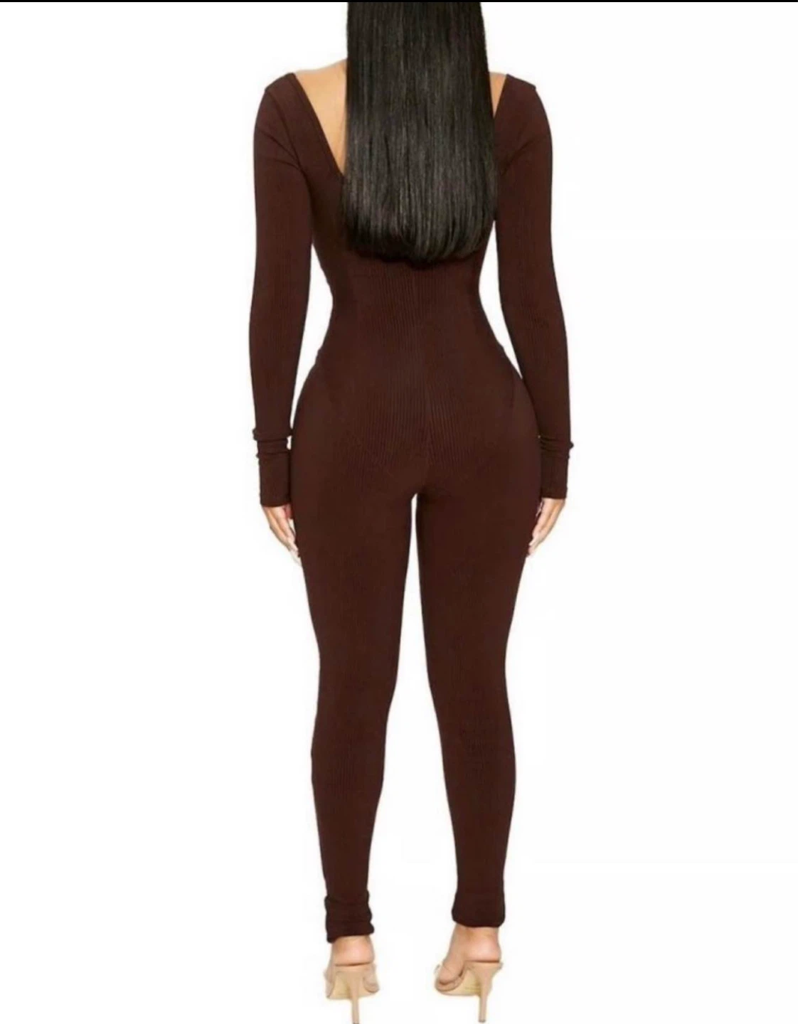 Naked Wardrobe Brown Ribbed Long Sleeve Jumpsuit - photo 2