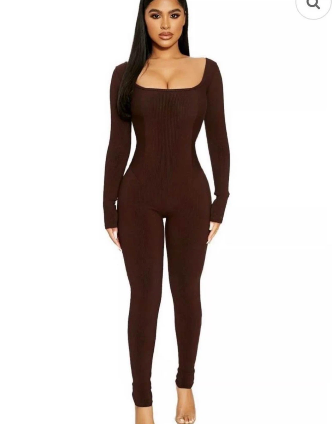 Naked Wardrobe Brown Ribbed Long Sleeve Jumpsuit