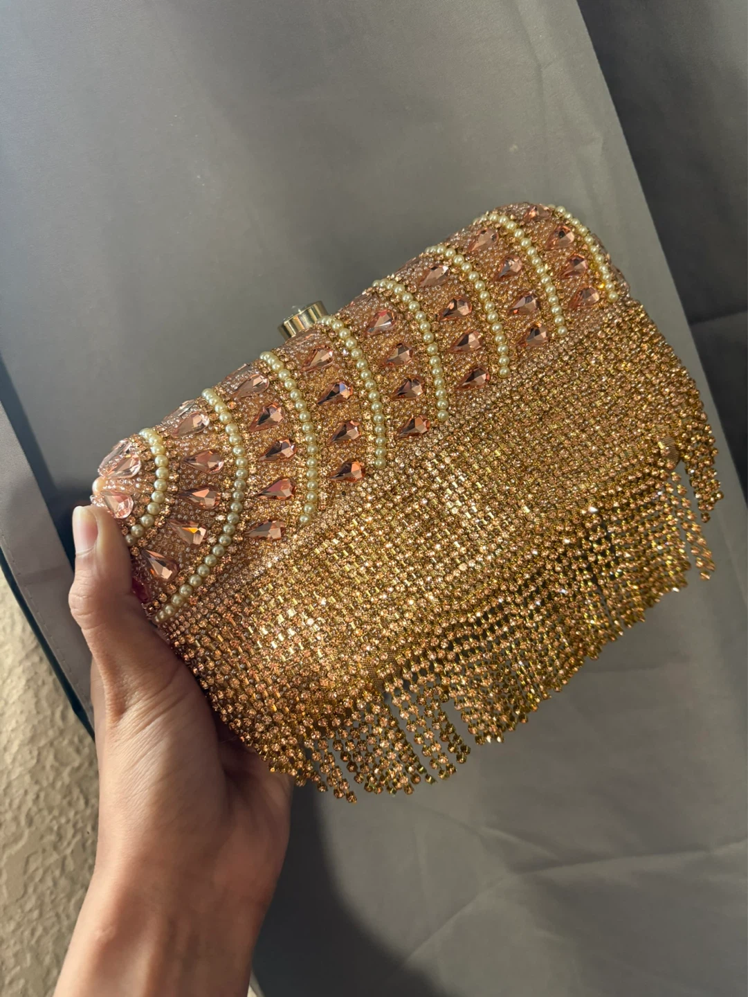 Sparkly Rose Gold Clutch with Fringes