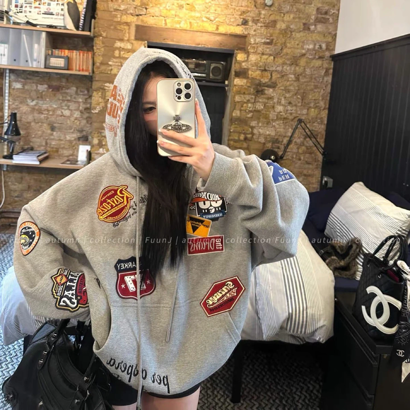 embroidered grey hoodie