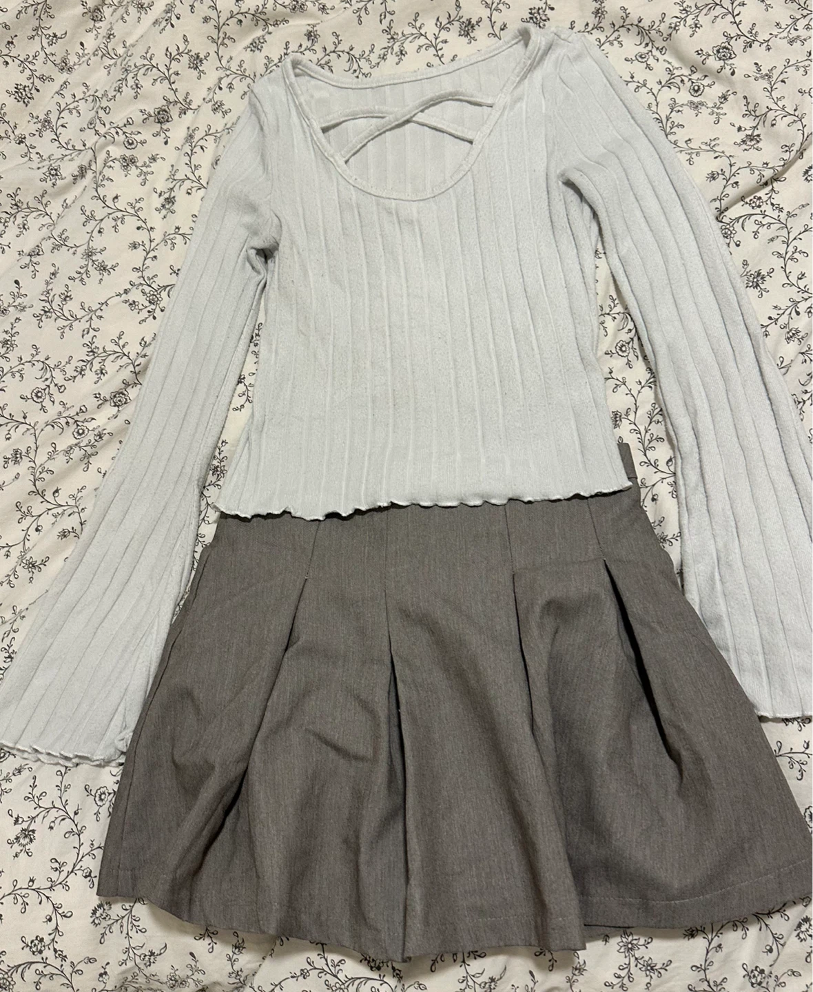 White Knit Top and Grey Pleated Skirt Set