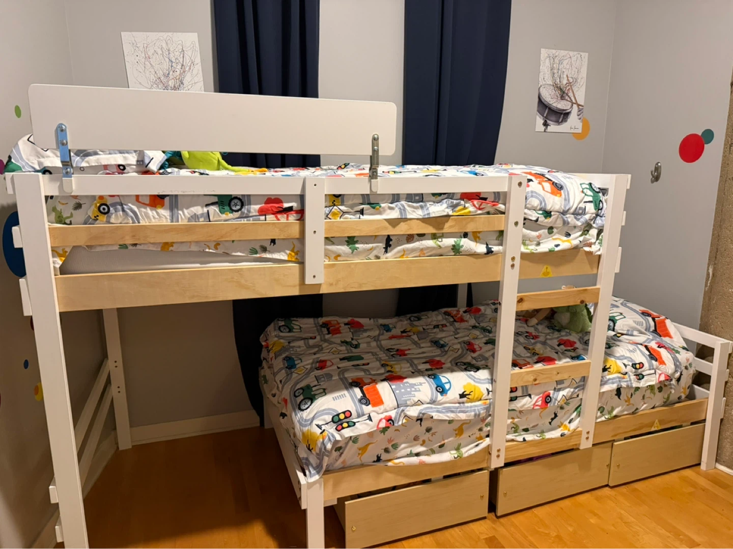 White and Wood Bunk Bed with Storage Drawers