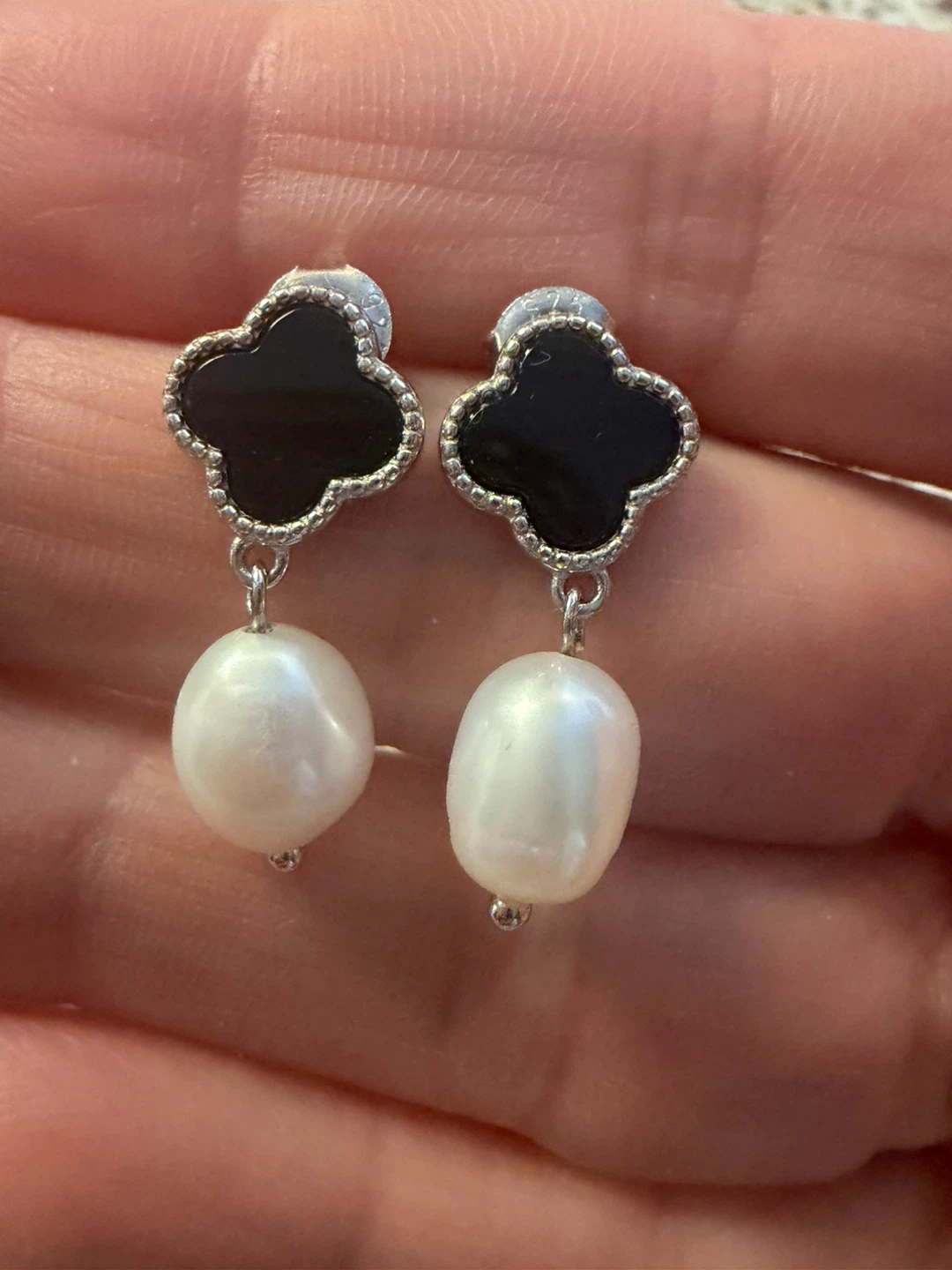 New 925 silver real pearl onyx earrings