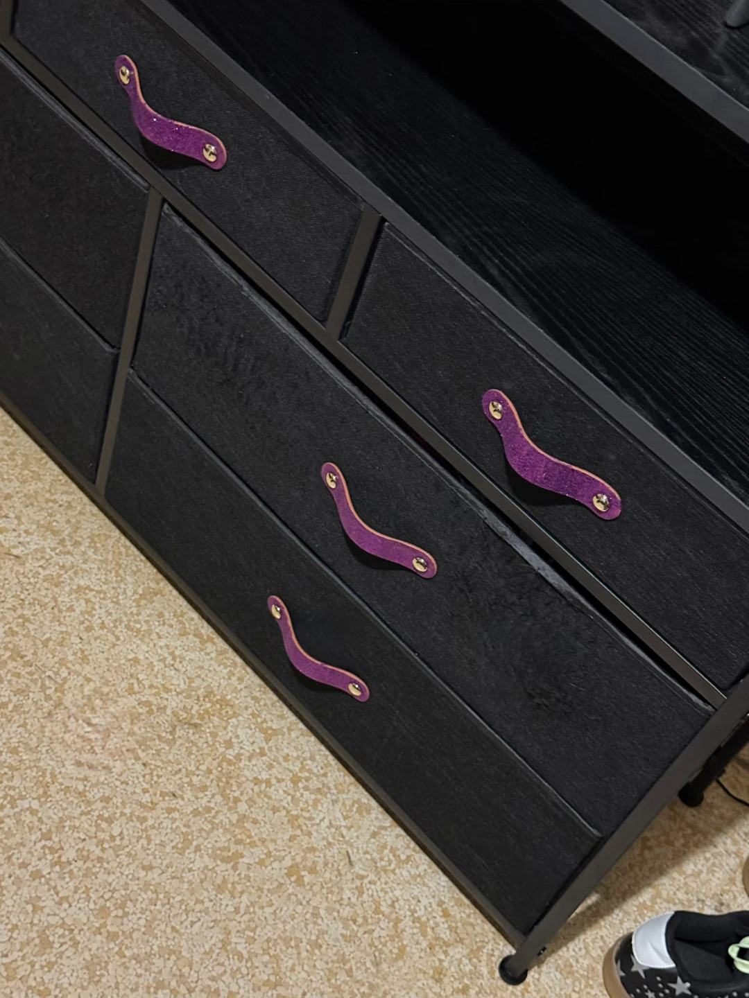 Black Dresser with Purple Handles and Built-in Power Outlet