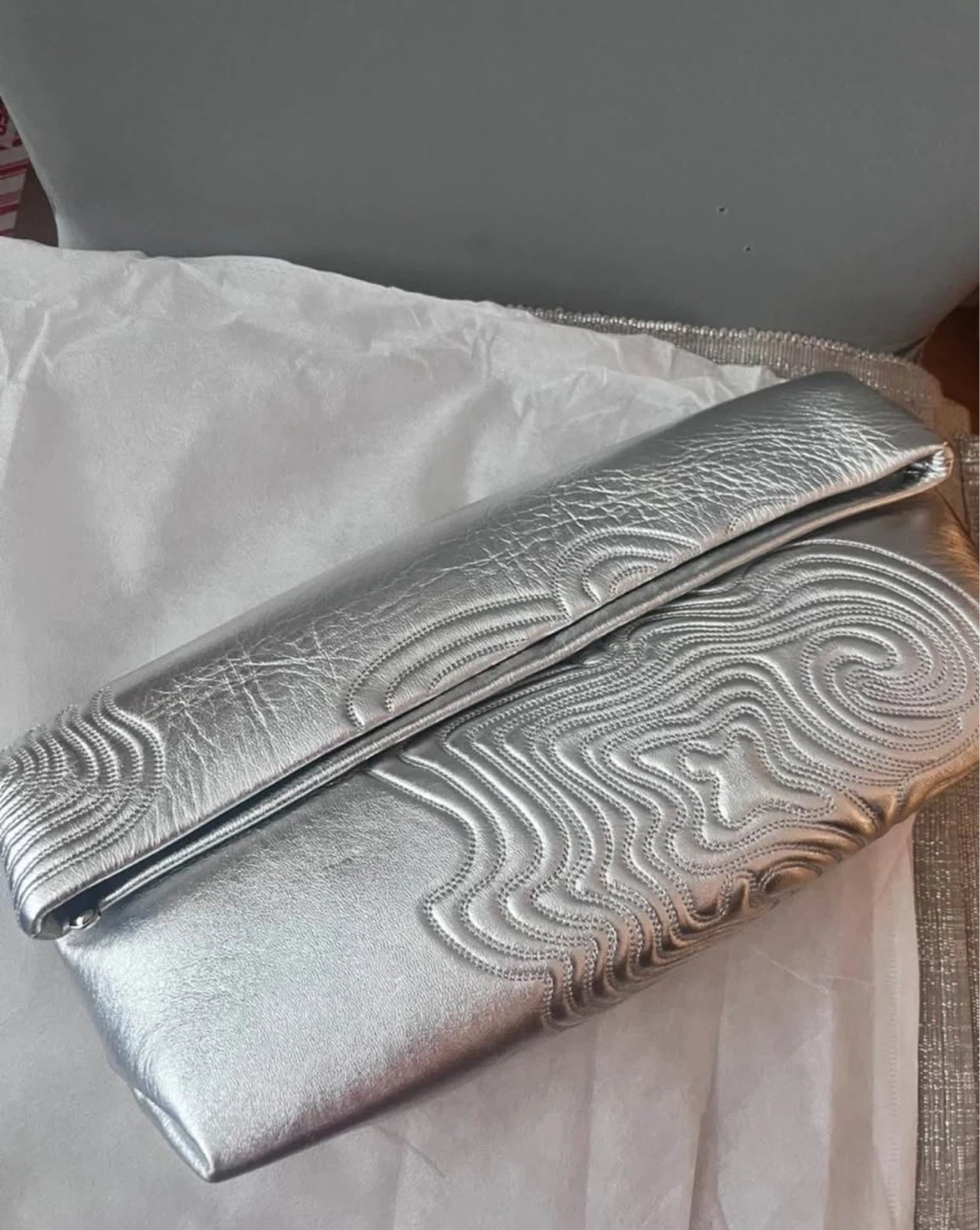 Silver Metallic leather Clutch Bag with Embossed Design