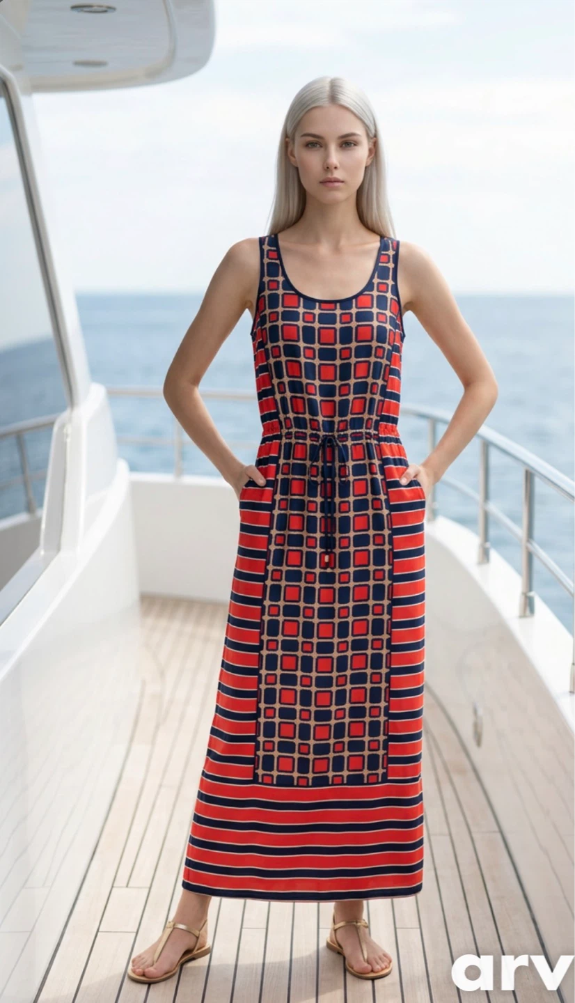 MICHAEL Michael Kors Maxi Dress Blue Red Geometric Print Size L