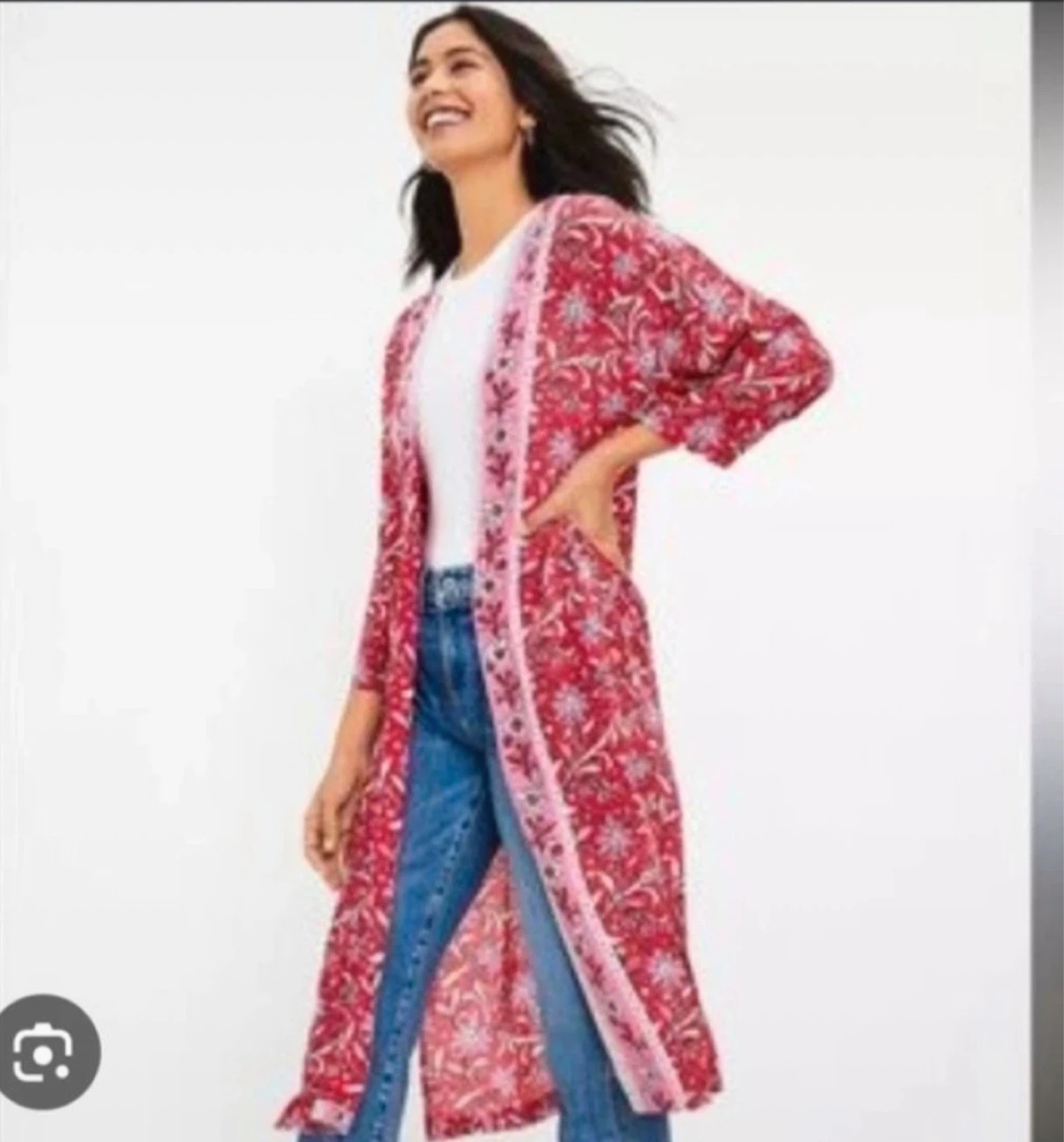 LOFT Kimono Cardigan - Red Floral Print - Size Medium