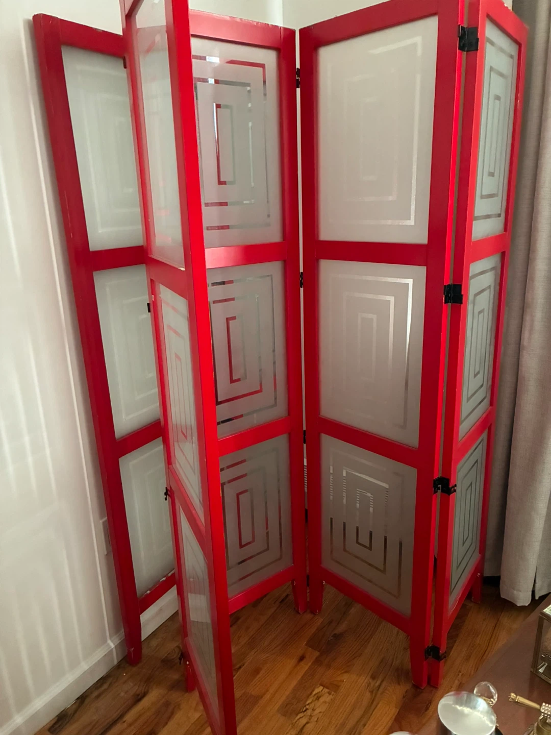 Red 4-Panel Folding Screen Room Divider(2 glass Panel)