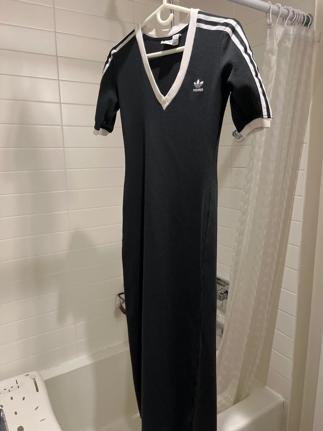 Adidas Black Ribbed Midi Dress with White Stripes