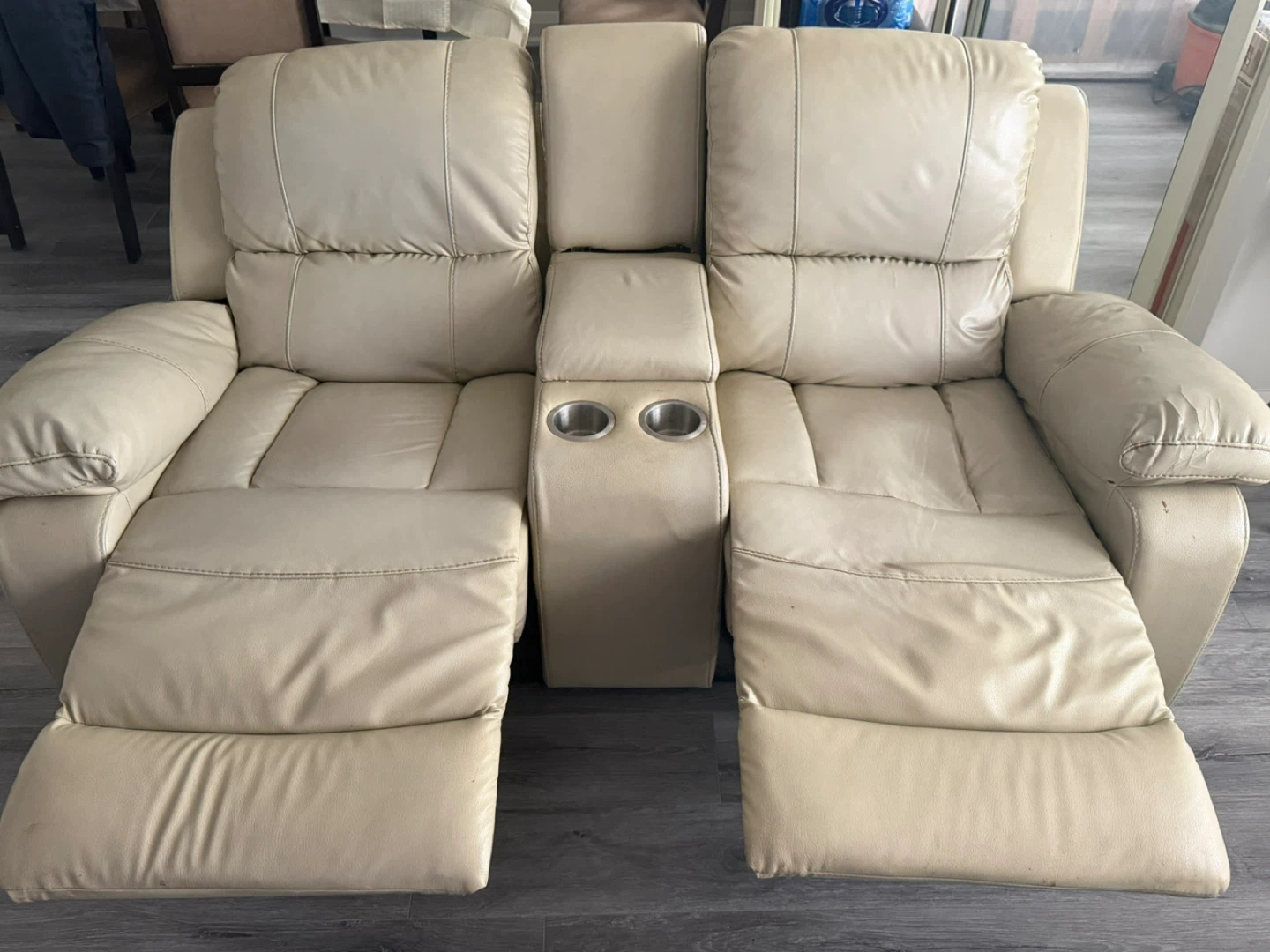 Cream Faux Leather Loveseat Recliner with Cup Holders - photo 2